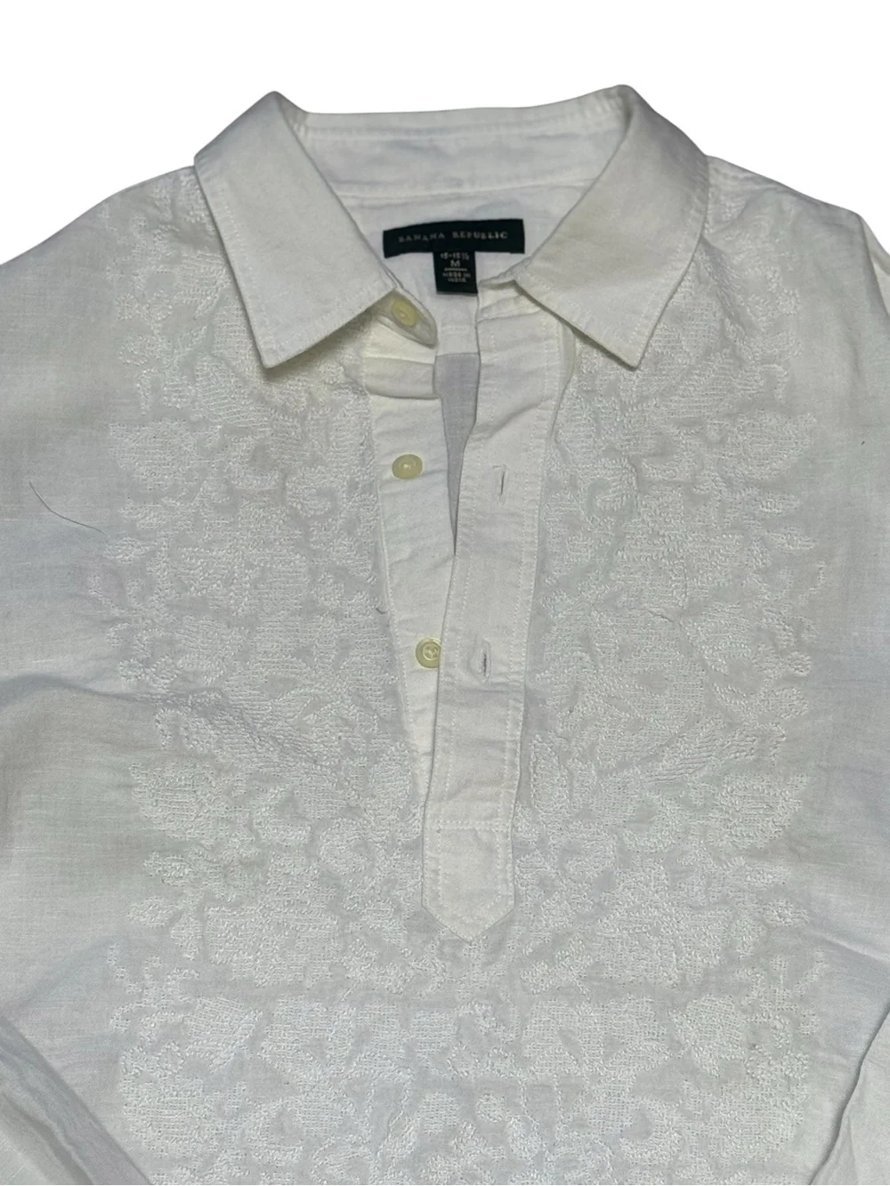 Banana Republic Off-White Embroidered  Linen/Cotton Button-Front Shirt [NWOT]